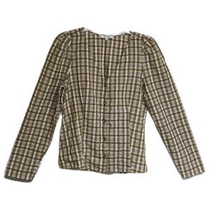 Madewell Top Women 4 Plaid 100% Cotton Button Front V-Neck Beige & White